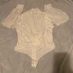 ✨⚡️💥Eva Mendes White Long Sleeves Sheer Bodysuit